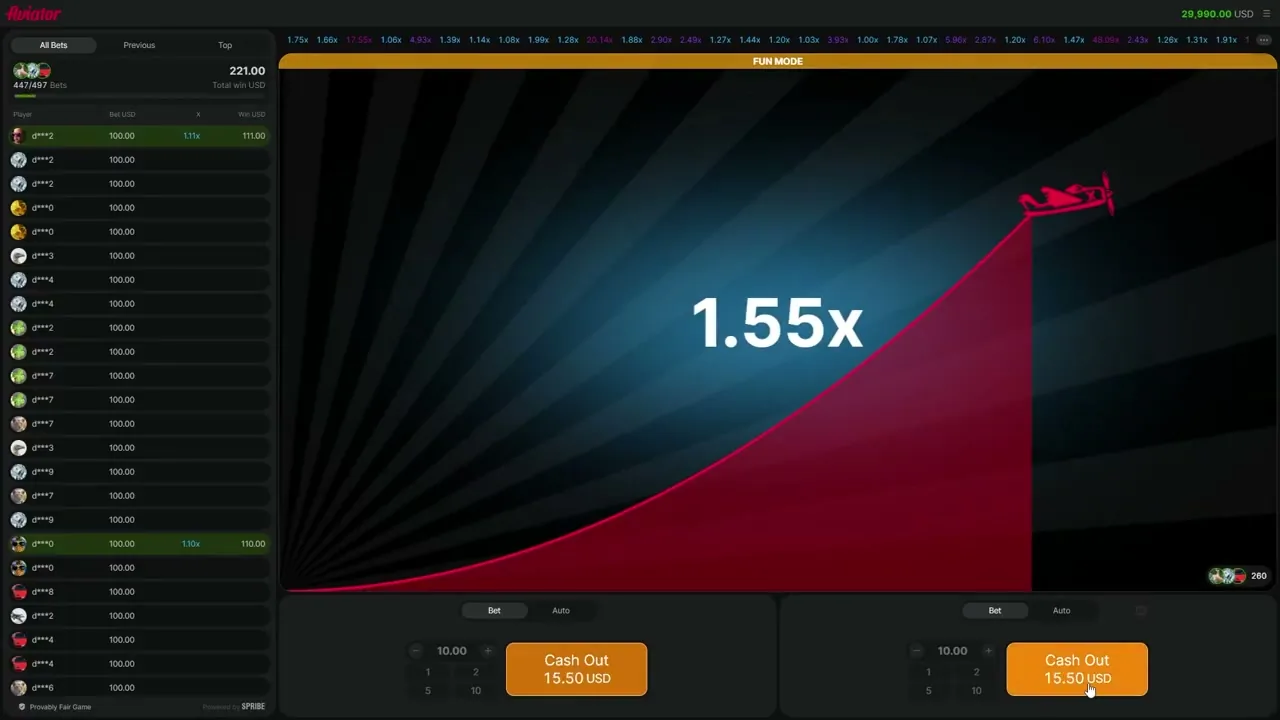Interface d'un jeu crash avec multiplicateur en cours de progression