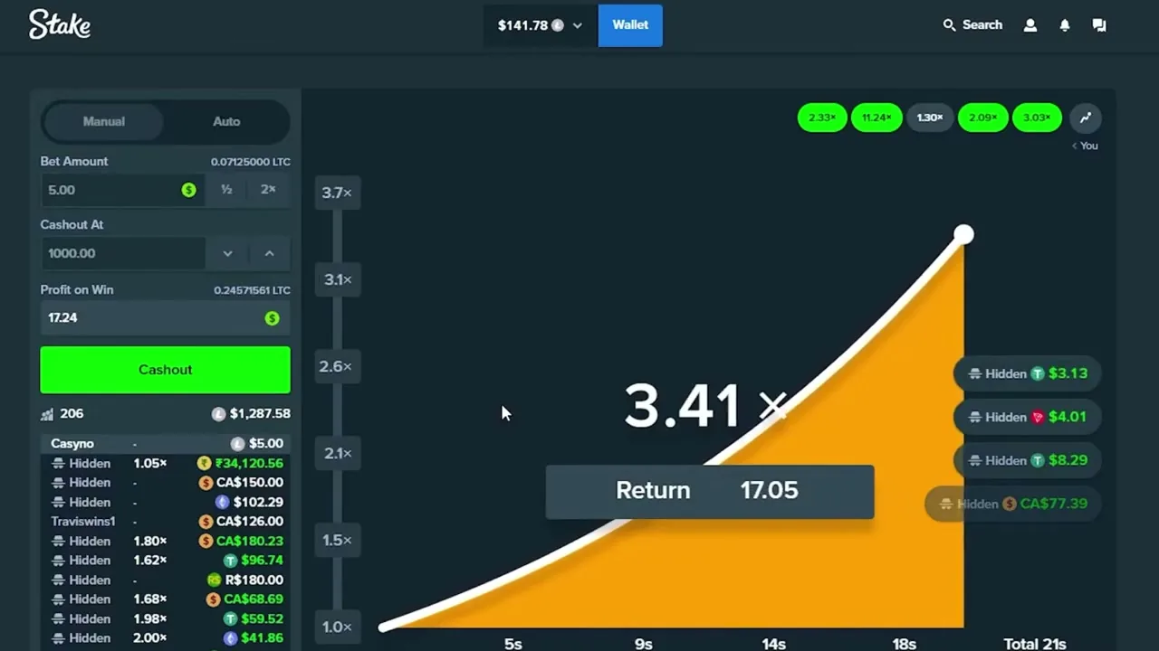 Courbe de multiplicateur d'un jeu crash avec bouton de cash-out